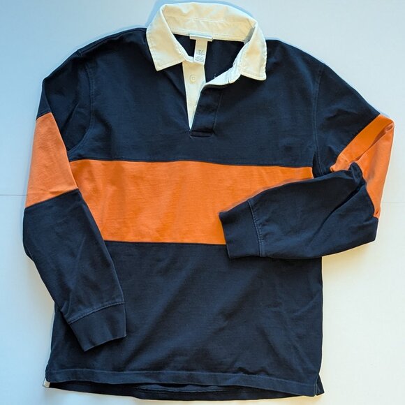 H&M Men's Rugby Shirt Medium Organge & Navy Blue Color Block Stripe Split Hem - Picture 1 of 3